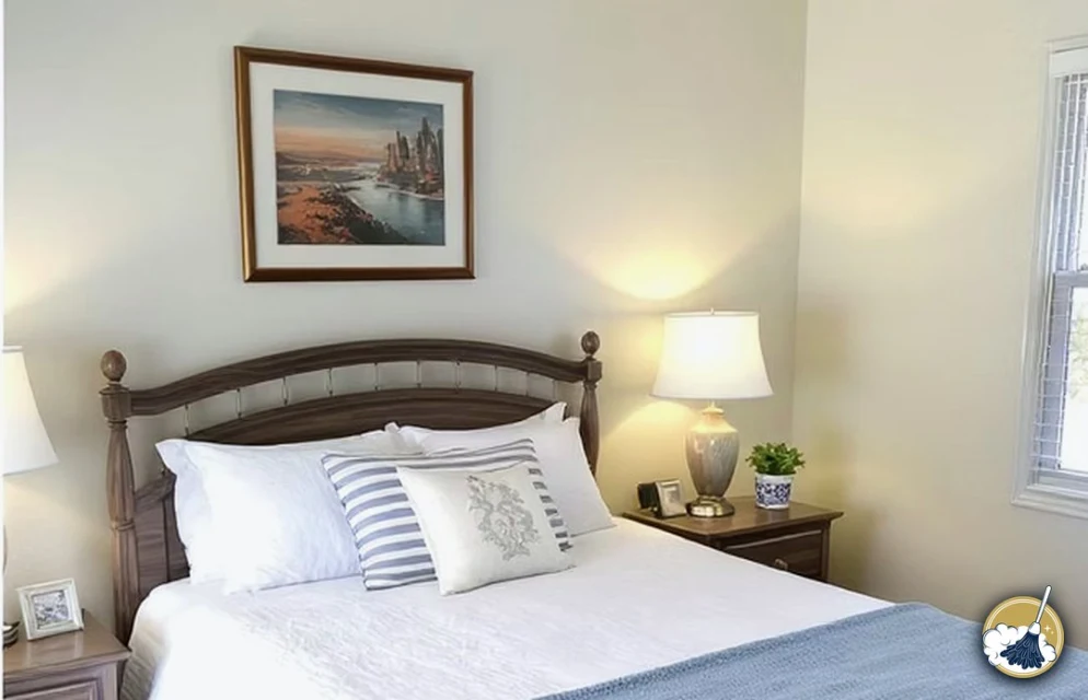 Freshly serviced guest room with a made bed and crisp white linens